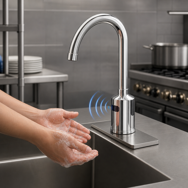 Product image #3 for equip Electronic Touchless Deck-Mount Rigid Gooseneck Faucet, 4" Centers, Polished Chrome, 1.5 GPM