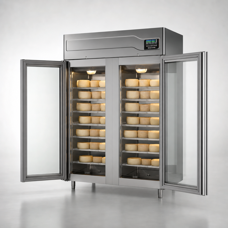 Product image #3 for Affinacheese® Twin Section Reach-In Cheese Drying Cabinet with Full Hinged Glass Display Doors, 220 + 220 lb Capacity, Self-Contained Top-Mounted Refrigeration