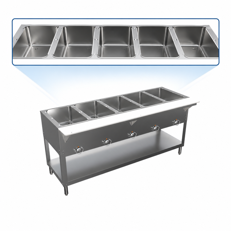 Product image #4 for BK Resources 5-Pan Electric Open-Well Steam Table with Cutting Board Shelf and Undershelf