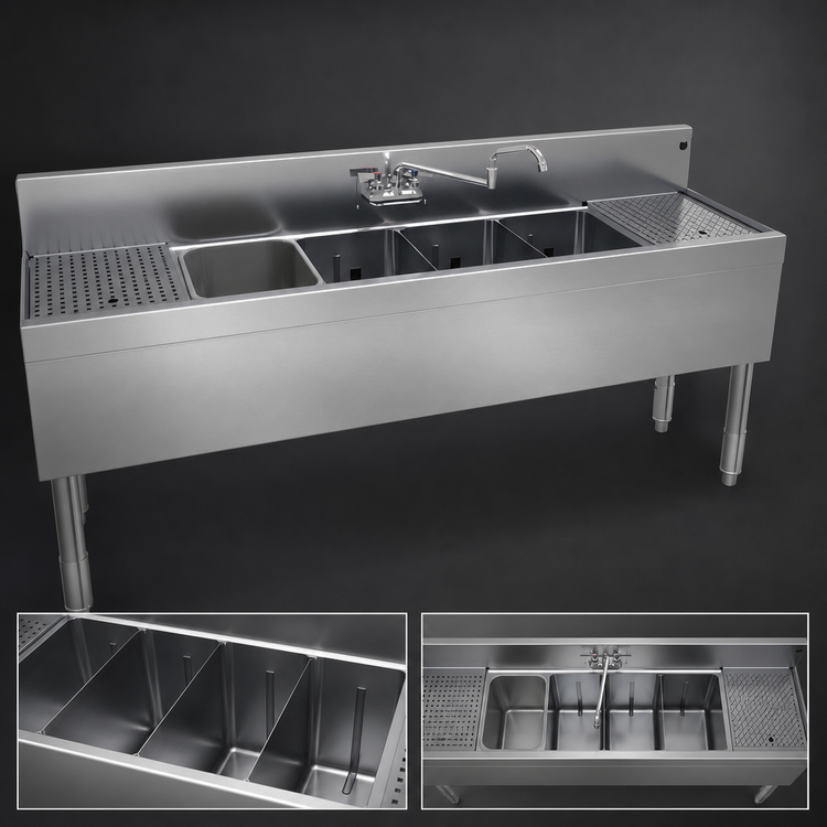 Product image #3 for Glastender 72-Inch Four-Compartment Stainless Steel Underbar Sink Unit with Dual Drainboards and Faucet