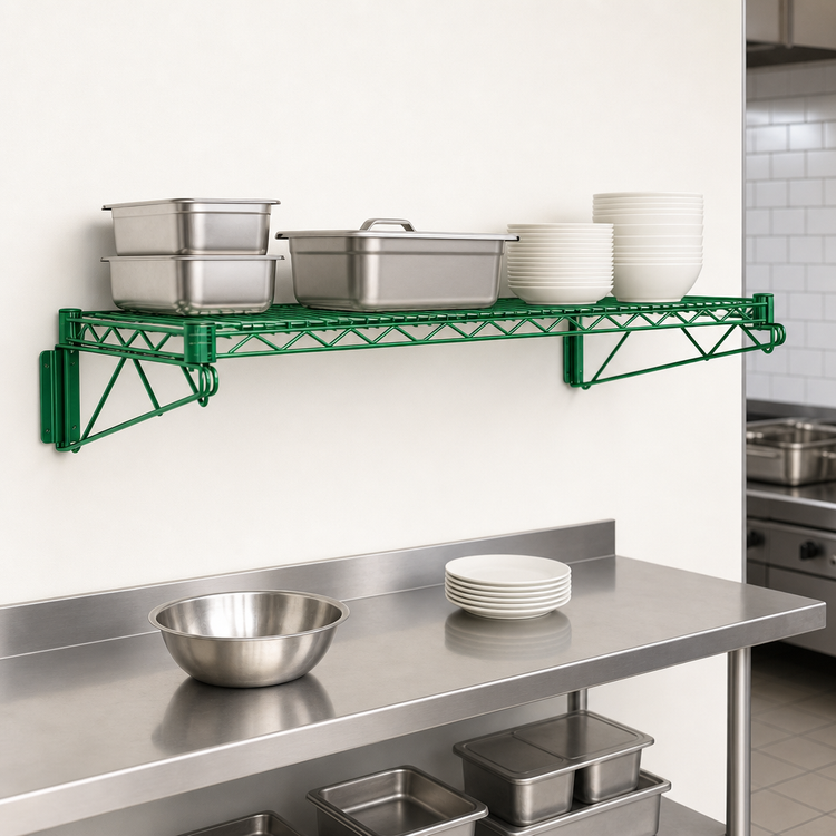 Product image #3 for Quantum Wall-Mount Cantilever Wire Shelf, 60 x 14 Inches, Green Epoxy Antimicrobial Finish