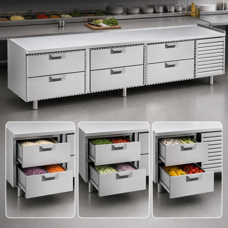 Product image #3 for La Rosa 102-Inch Three-Section Stainless Steel Refrigerated Equipment Stand with 6 Drawers