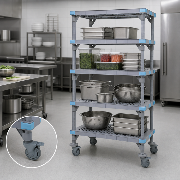Product image #3 for Millenia Mobile Polymer Shelving Starter Unit with 4 Open Grid Shelves, 60"W x 24"D x 62"H, Gray
