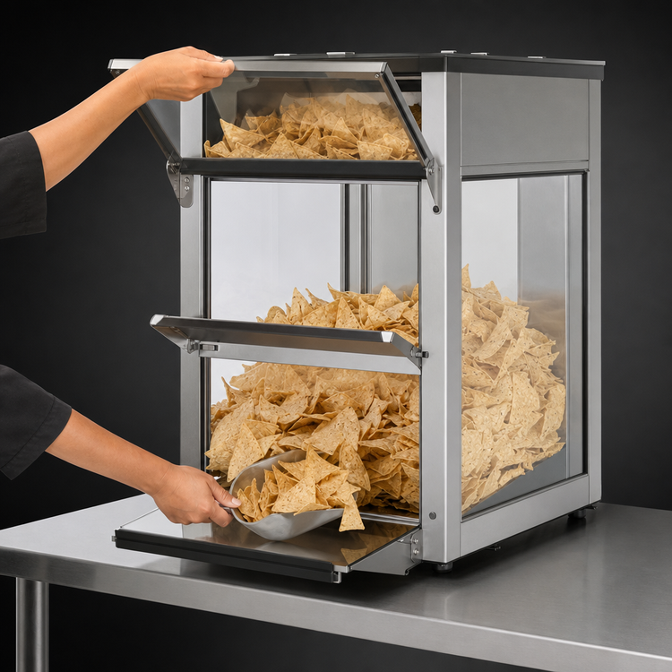 Product image #3 for Hatco Macho Nacho® Front-Loading Chip Warmer and Display Cabinet, 25 lb. Capacity