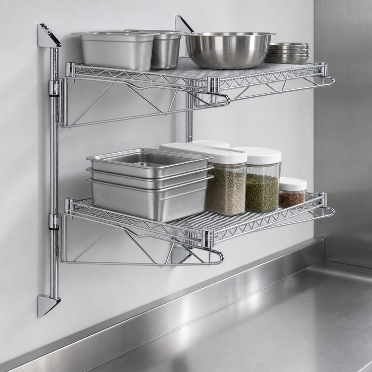 Product image #3 for Quantum Cantilever Double Shelf Wall-Mount Wire Shelving Unit, 36 x 14 Inches, Chrome Plated