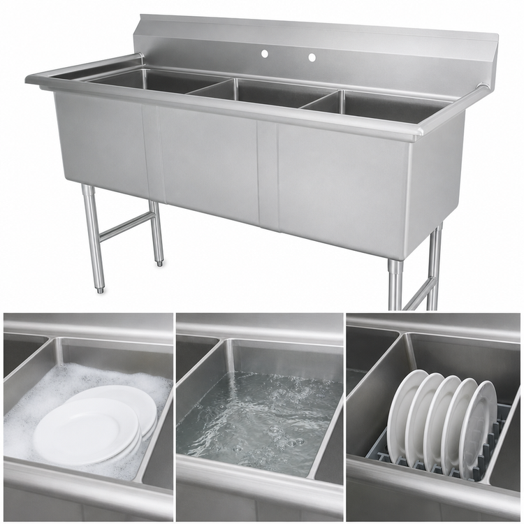 Product image #3 for Advance Tabco 3-Compartment Fabricated Sink with Legs, No Drainboards, 24" x 30" x 14" Bowls
