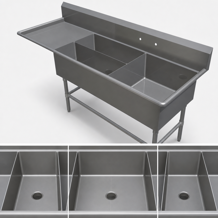 Product image #3 for John Boos Pro-Bowl 3-Compartment Platter Sink with Left Drainboard, 84-3/16 Inch W x 29-1/2 Inch D x 43 Inch H, 14 Gauge Stainless Steel