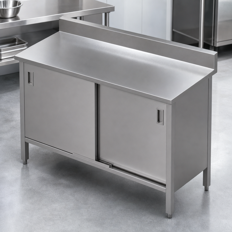 Product image #3 for John Boos Enclosed Work Table with Hinged Doors, 120 x 30 Inches, 14-Gauge 300-Series Stainless Steel Top, 5-Inch Backsplash