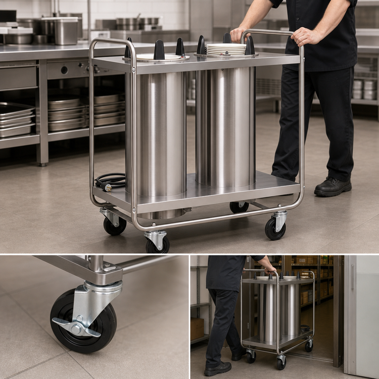 Product image #3 for Dinex Mobile Open Frame Unheated Plate Dispenser with 2 Self-Elevating Tubes, Stainless Steel, 10-1/8 Inch Max Diameter