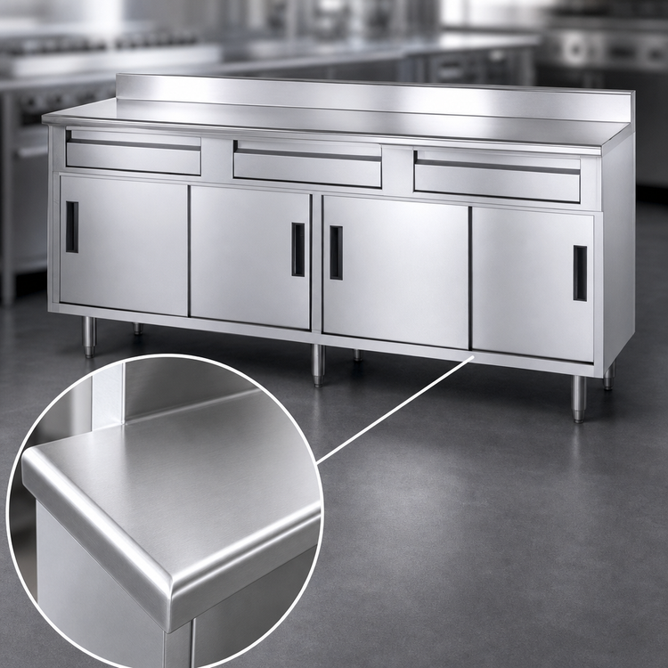 Product image #3 for Advance Tabco 96-Inch x 30-Inch 14-Gauge 304 Stainless Steel Enclosed Work Table with 5-Inch Backsplash