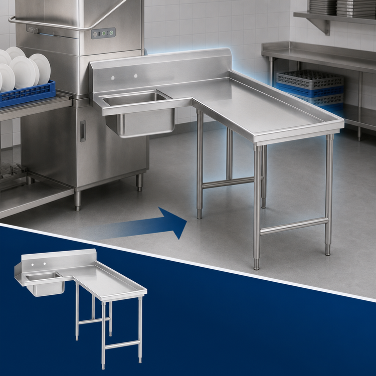 Product image #3 for Advance Tabco L-Shaped Island Soil Dishtable, Right-Hand Operator, with Pre-Rinse Sink, 4-Foot (47-Inch), 16 Gauge 304 Stainless Steel