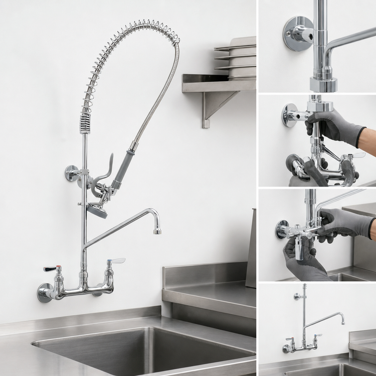 Product image #3 for T&S Brass EasyInstall Wall-Mounted Pre-Rinse Unit with Add-On Faucet, 14-Inch Swing Nozzle, and 44-Inch Hose