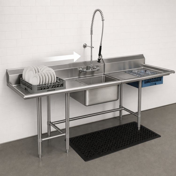 Product image #3 for Klinger's Trading 92-Inch Left-to-Right Soiled Dishtable with 20 x 20 Pre-Rinse Sink