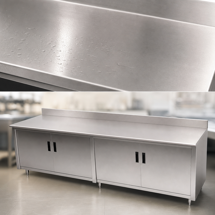 Product image #3 for Advance Tabco Special Value Economy Enclosed Work Table with Cabinet Base, Mid-Shelf, Hinged Doors, 16-Gauge 304 Stainless Steel Top, and 5-Inch Backsplash, 96 x 30 Inches