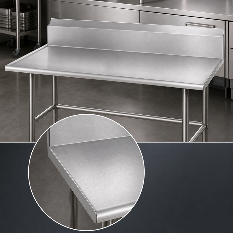 Product image #3 for Advance Tabco 84 Inch x 30 Inch Stainless Steel Open Base Work Table with 10 Inch Backsplash and No-Drip Edge