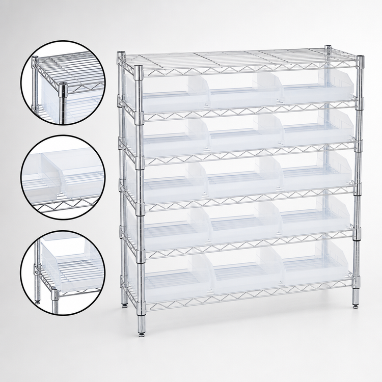 Product image #3 for Quantum 36-Inch Wide Chrome Plated Stationary Bin Wire Shelving System with 6 Shelves and 15 Clear Bins