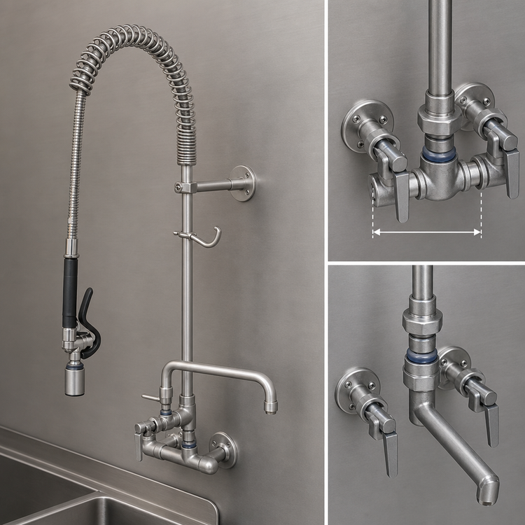 Product image #3 for Wall-Mount Pre-Rinse Unit with Add-On Faucet, 8-Inch Centers, 12-Inch Swing Spout, 44-Inch Hose