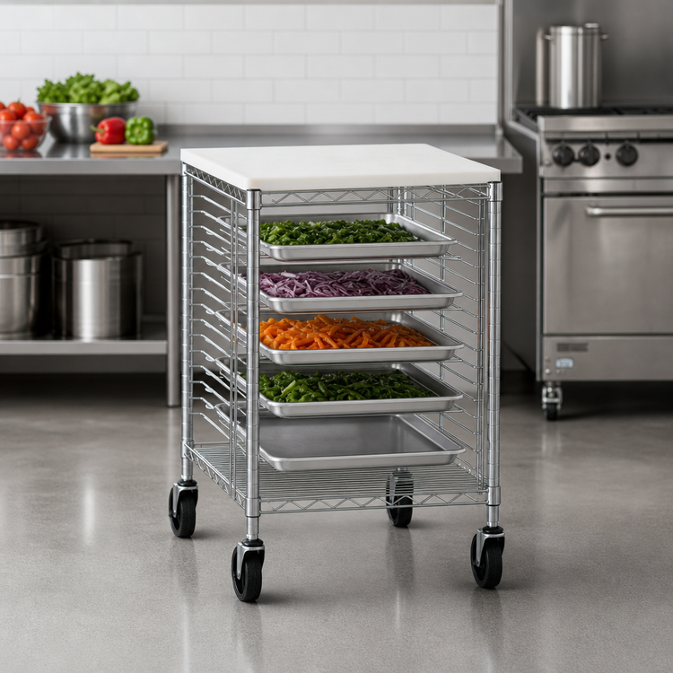 Product image #3 for Metro Super Erecta Half-Height Mobile Wire Prep Rack with Poly Cutting Board Work Surface, End-Load, 16-Pan Capacity