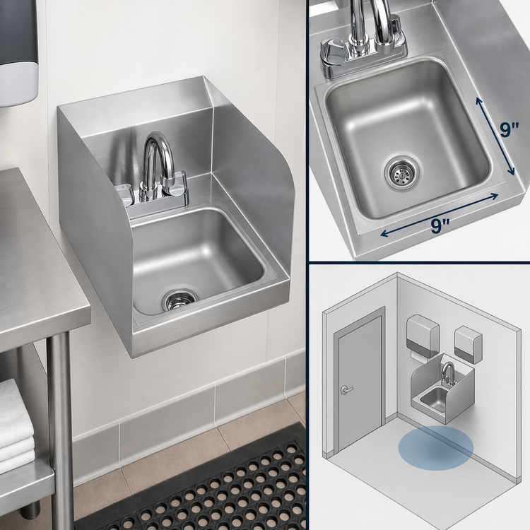Product image #3 for BK Resources 9 x 9 Space Saver Wall-Mounted Hand Sink with Lead-Free Deck-Mount Faucet and Dual Side Splashes