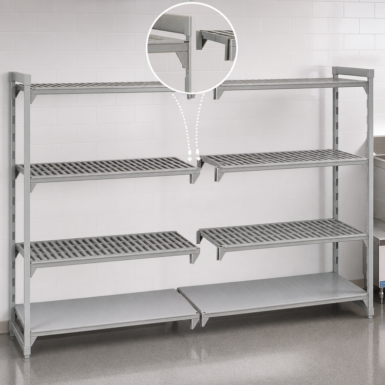 Product image #4 for Cambro Camshelving Premium 18" Deep x 60" Long x 64" High 4-Tier Add-On Polymer Shelving Unit, Vented & Solid, Speckled Gray
