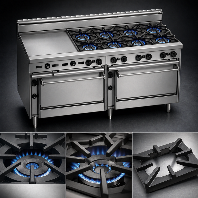 Product image #3 for Bistro 72-Inch Shallow Depth Heavy-Duty Commercial Gas Range with 8 Open Burners, 24-Inch Griddle, Standard Oven and Cabinet Base