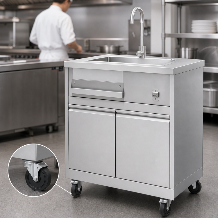 Product image #3 for 32-Inch Mobile Stainless Steel Single-Compartment Hand Sink with Faucet, Storage Cabinet and Casters