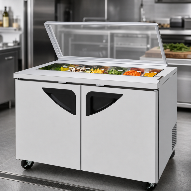 Product image #3 for Turbo Air Super Deluxe Stainless Steel Two-Section Sandwich/Salad Prep Table with Glass Lid, 48-1/4 Inch, 12-Pan