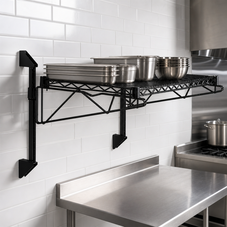 Product image #3 for Quantum Cantilever Single-Shelf Wall-Mount Wire Shelving Unit, 54"W x 14"D, Black Epoxy Finish