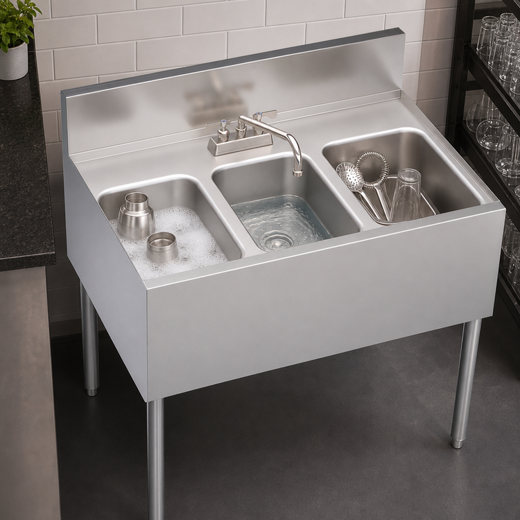 Product image #3 for Krowne Royal Series Three-Compartment Underbar Sink Unit with Deck-Mount Swing-Spout Faucet, 36 x 24 Inches