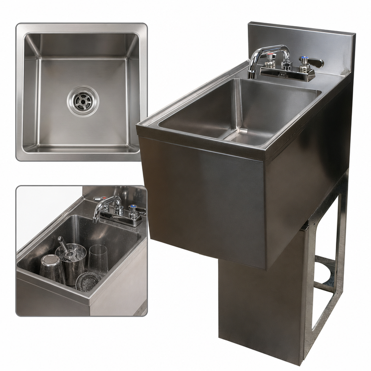Product image #3 for BK Resources 14-1/2 Inch x 18-1/4 Inch Single-Bowl Underbar Dump Sink with Lead-Free Splash Faucet