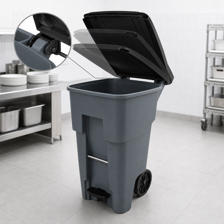 Product image #4 for BRUTE Step-On Rollout Trash Container with Hinged Lid, 65 Gallon, Gray
