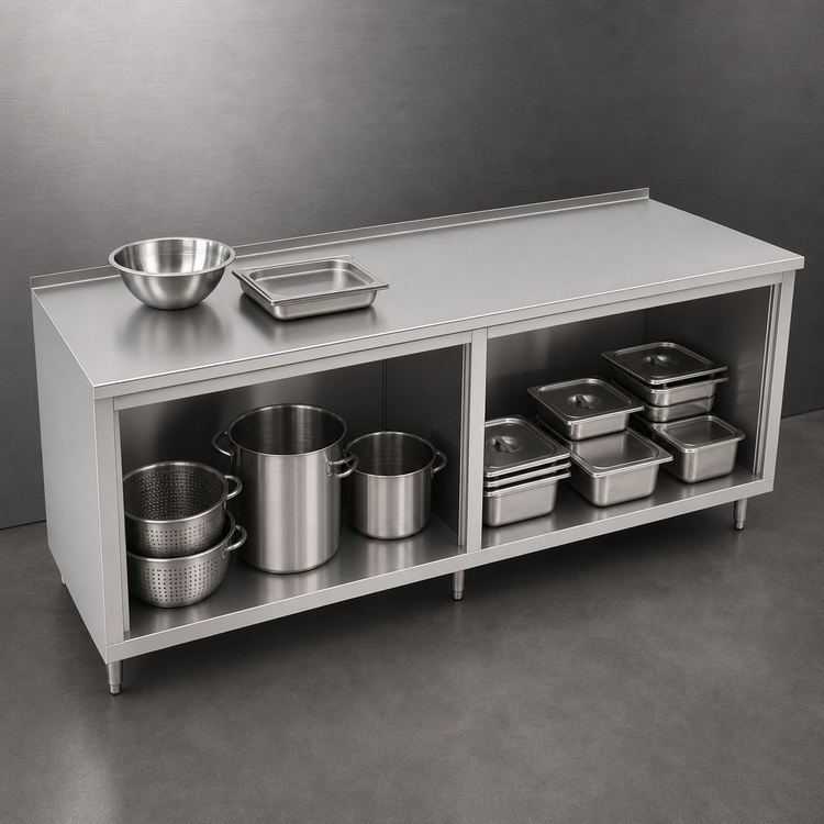 Product image #3 for John Boos Modular Base Open Front Cabinet Work Table, 144W x 30D, 14-Gauge 300-Series Stainless Steel Top, 1-1/2" Rear Riser