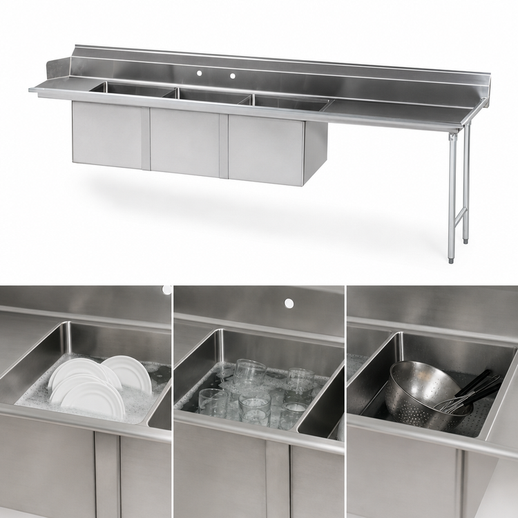 Product image #3 for Advance Tabco Straight 3-Compartment Sink Dishtable with Right Drainboard, 143-Inch Wide, 18 x 24 x 14-Inch Bowls, 16 Gauge Stainless Steel