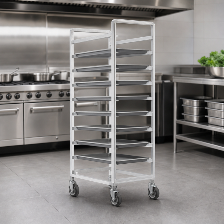 Product image #3 for Channel Manufacturing Standard Series Single-Section Aluminum Cafeteria Tray Rack for 15" x 20" Trays, End-Load, 20-Tray Capacity, 5" Swivel Casters