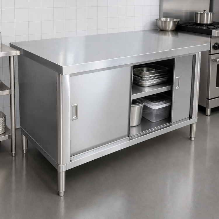 Product image #3 for Omcan 60-Inch Enclosed Cabinet Work Table with Sliding Doors, 18 Gauge 430 Stainless Steel Flat Top