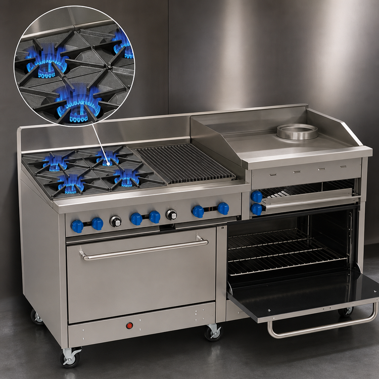 Product image #3 for Comstock-Castle 72-Inch Commercial Gas Range with 4 Open Burners, 24-Inch Griddle, 24-Inch Char-Broiler, and 2 Ovens