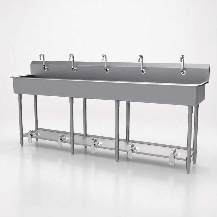 Product image #3 for Advance Tabco FS-FM-100FV 5-Station Freestanding Multiwash Hand Sink, 14-Gauge 304 Stainless Steel, Toe-Push Operated