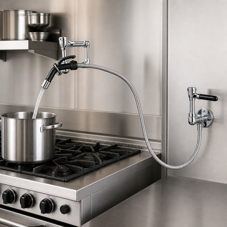 Product image #3 for OptiFlow Remote Valve Splash/Wall Mount Pot Filler with 72-Inch Braided Hose
