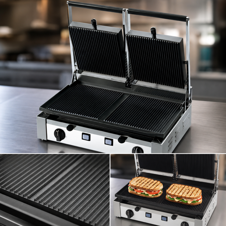 Product image #3 for Eurodib Double Countertop Panini Grill with Ribbed Cast Iron Plates, 208-240V
