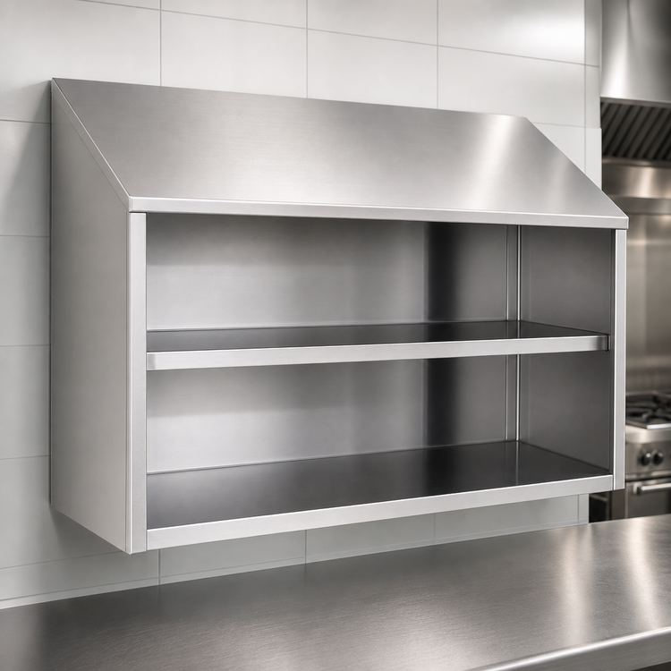 Product image #3 for Eagle Group 72-Inch Wall-Mounted Open Front Stainless Steel Wall Cabinet with Sloped Top and Fixed Shelf