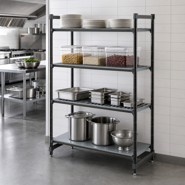 Product image #3 for Cambro Camshelving Basics Plus 4-Tier Stationary Polymer Shelving Starter Unit, 60" W x 18" D x 72" H, Vented/Solid