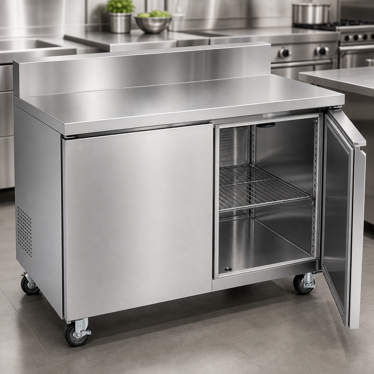 Product image #3 for Omcan 27-Inch One-Section Worktop Refrigerator with Backsplash, 5 Cu. Ft., Solid Door, Rear-Mounted Self-Contained Refrigeration
