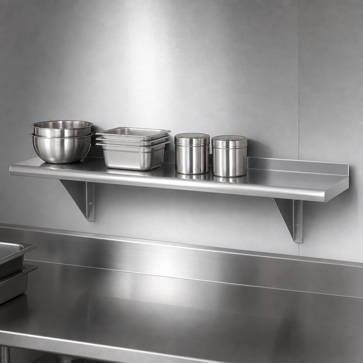Product image #3 for Advance Tabco 72-Inch x 10-Inch Wall-Mounted 304 Stainless Steel Shelf, 16 Gauge, Satin Finish