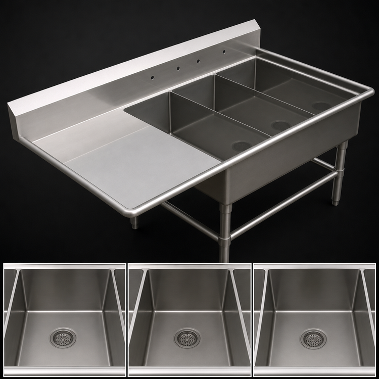 Product image #3 for John Boos Pro-Bowl 3-Compartment Platter Sink with Left Drainboard and 10-Inch Backsplash