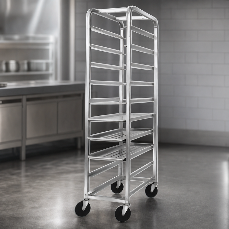 Product image #3 for Stainless Steel End-Load Platter Rack with 5-Inch Swivel Stem Casters, 11-Platter Capacity, 12.5 x 26 x 64 Inches