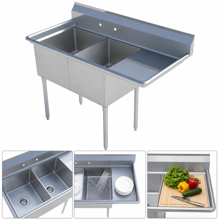 Product image #3 for Sapphire Manufacturing Commercial 2-Compartment Stainless Steel Sink with Right Drainboard, 47-1/2 Inch Wide