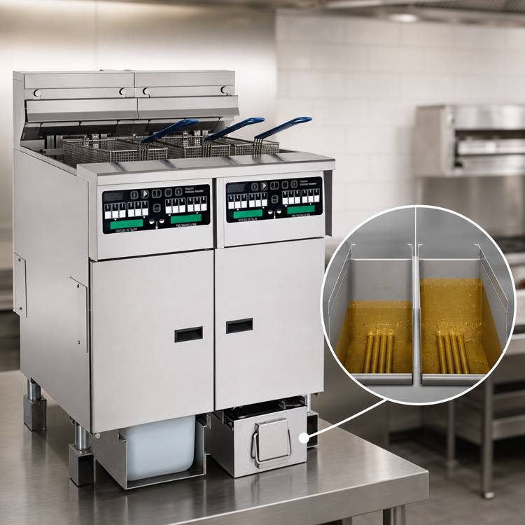 Product image #3 for Solstice Reduced Oil Volume Electric Split Frypot Countertop Fryer with Built-In Filter Drawer, 2 x 15 lb Tanks, 14 kW