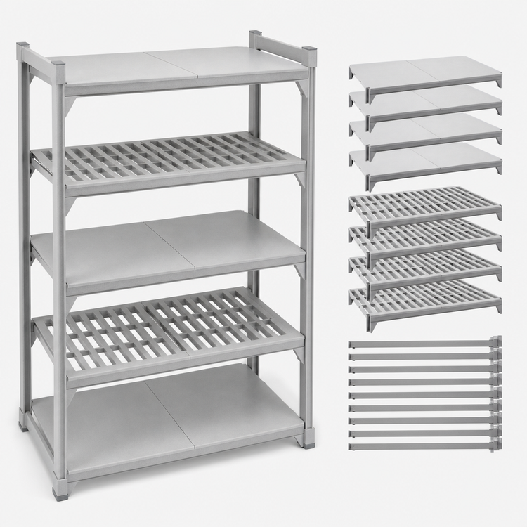 Product image #4 for Cambro Camshelving Premium 24 in. x 48 in. 5-Shelf Vented and Solid Polymer Shelf Kit, Speckled Gray