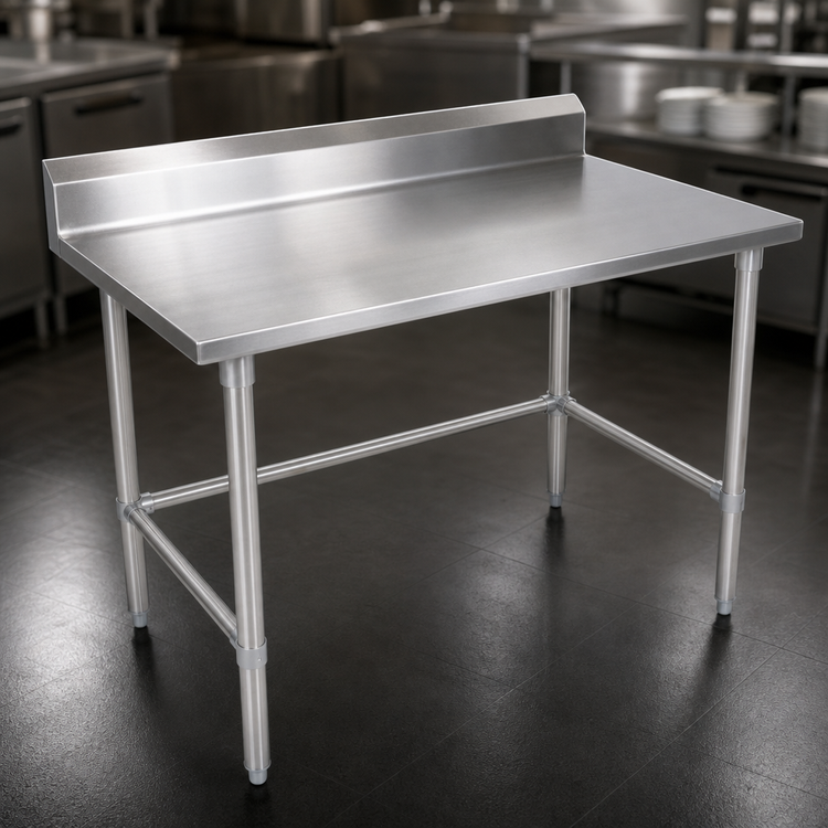 Product image #3 for John Boos Stallion 108" x 30" 14 Gauge 300-Series Stainless Steel Work Table with 5" Backsplash and Safety Edge