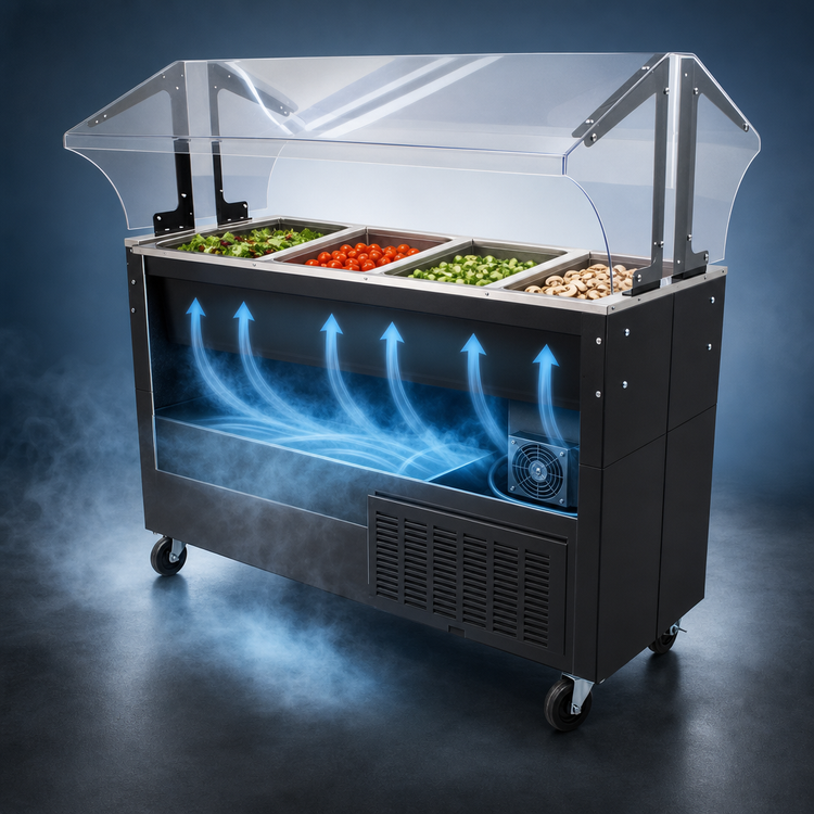 Product image #3 for Advance Tabco 4-Pan Mobile Cold Pan Serving Counter with Double-Sided Sneeze Guard